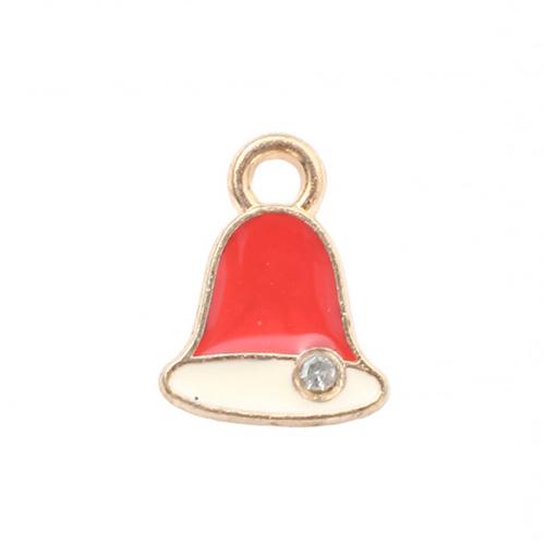 Pendentifs Noël en alliage de zinc, cloche de noël, Placage de couleur d'or, DIY & émail & avec strass, 12.10x9.40x1.70mm, Vendu par PC