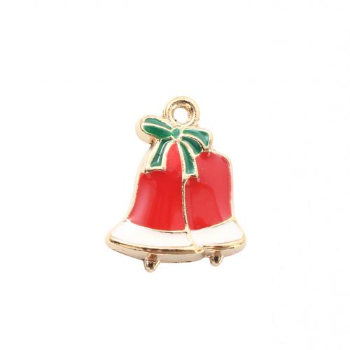 Pendentifs Noël en alliage de zinc, cloche de noël, Placage de couleur d'or, DIY & émail, 19x15.40x2.80mm, Vendu par PC