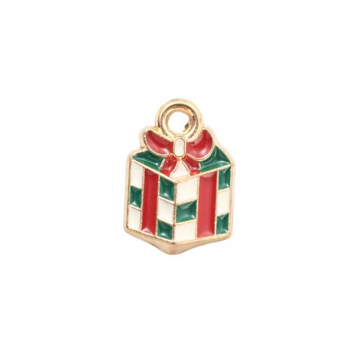 Pendentifs Noël en alliage de zinc, En forme de boîte de cadeau, Placage de couleur d'or, Conception de Noël & DIY & émail, 14.30x9.90x2.80mm, Vendu par PC