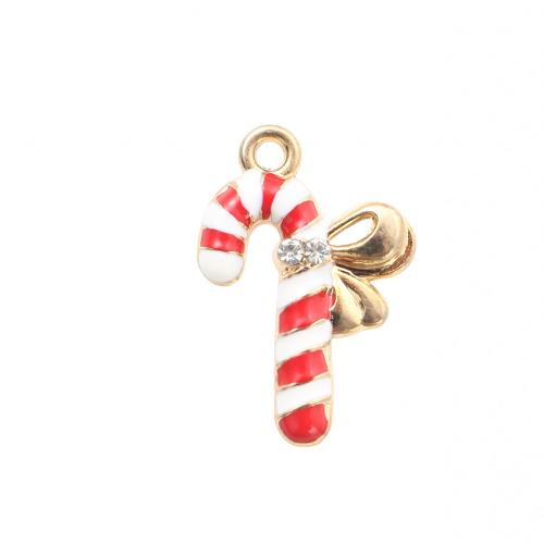 Pendentifs Noël en alliage de zinc, canne à sucre de noël, Placage de couleur d'or, DIY & émail & avec strass, 22x14.50x2.50mm, Vendu par PC