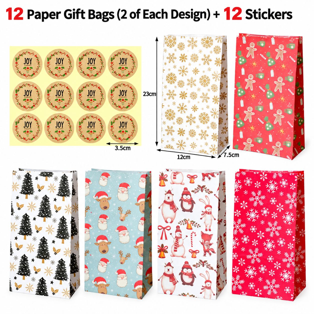 Kraft Christmas Gift Bag, printing, Christmas Design, mixed colors, 233x120x10mm, 12PCs/Set, Sold By Set
