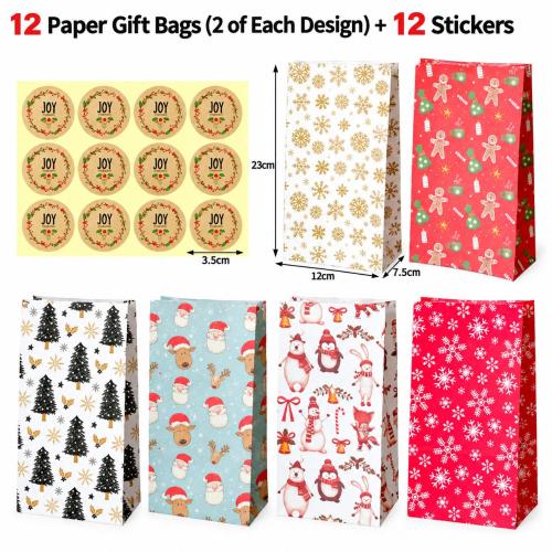 Kraft Sac de cadeau de Noël, Impression, Conception de Noël, couleurs mélangées, 233x120x10mm, 12PC/fixé, Vendu par fixé