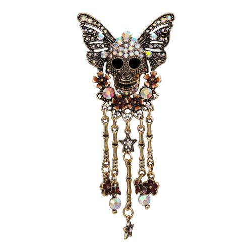 aleación de zinc broche, Calavera, chapado, Diseño de Halloween & Vintage & con diamantes de imitación, 113x49mm, Vendido por UD