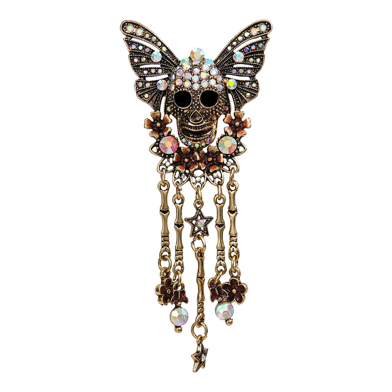 Zinc Alloy Brooch, Skull, plated, Halloween Design & vintage & with rhinestone, 113x49mm, Sold By PC