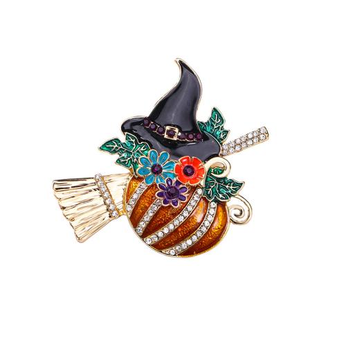 aleación de zinc broche, Calabaza, chapado en color dorado, Diseño de Halloween & esmalte & con diamantes de imitación, 57x60mm, Vendido por UD