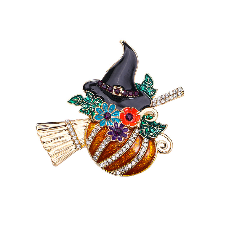 Zinc Alloy Brooch, Pumpkin, gold color plated, Halloween Design & enamel & with rhinestone, 57x60mm, Sold By PC