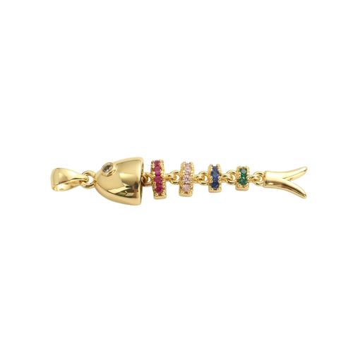 Cubic Zirconia Micro Pave Brass Pendants, Fish Bone, real gold plated, DIY & micro pave cubic zirconia, 45x8.90mm, Hole:Approx 5.8x3mm, Sold By PC