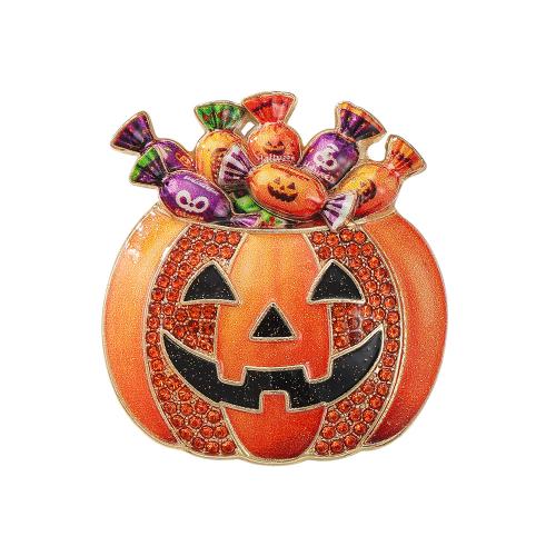 aleación de zinc broche, Calabaza, chapado en color dorado, Diseño de Halloween & esmalte & con diamantes de imitación, 45x45mm, Vendido por UD