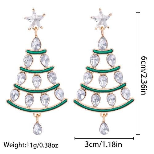 alliage de zinc Boucle d'oreille goutte, arbre de noël, Placage de couleur d'or, pour femme & émail & avec strass, 30x60mm, Vendu par paire