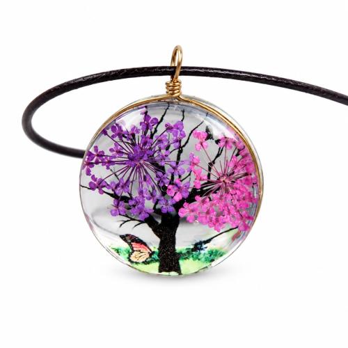 Glass Necklace, with Dried Flower & Wax Cord & Tibetan Style, with 5cm extender chain, Flat Round, plated, fashion jewelry & for woman, more colors for choice, pendant size 30x30mm, Length:Approx 42 cm, Sold By PC