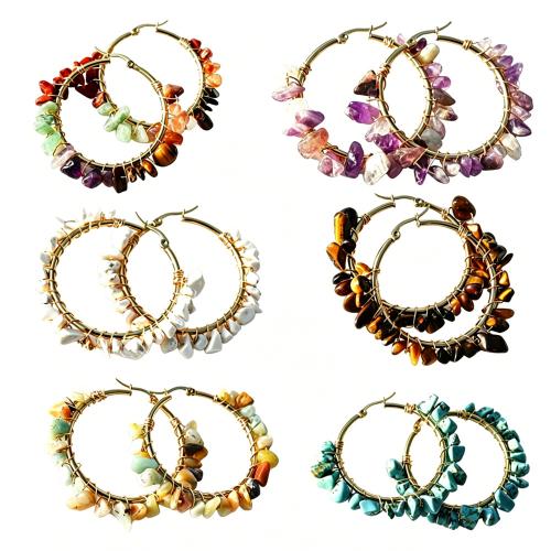Piedras preciosas pendiente de aro, con acero inoxidable 304, chapado en color dorado, diferentes materiales para la opción & para mujer, 55mm, Vendido por Par