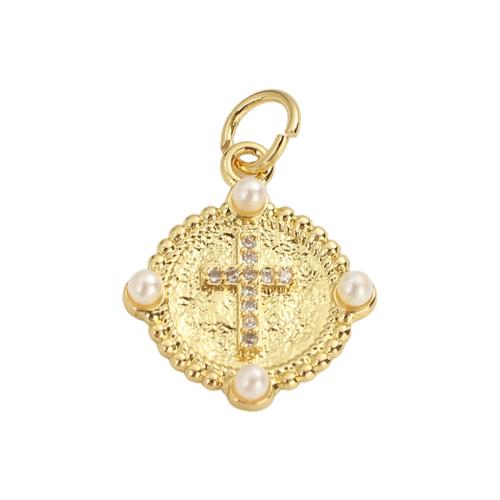 Cubic Zirconia Micro Pave Brass Pendants, with Plastic Pearl, Flat Round, real gold plated, with cross pattern & DIY & micro pave cubic zirconia, 15.40x13.30x2.80mm, Hole:Approx 3.5mm, Sold By PC