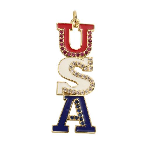 Brass Jewelry Pendants, Alphabet Letter, real gold plated, DIY & micro pave cubic zirconia & enamel, 40x14.80x2.20mm, Hole:Approx 3.5mm, Sold By PC