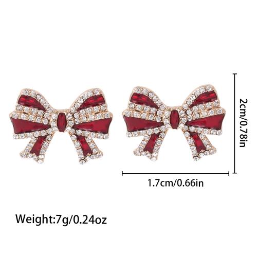alliage de zinc boucle d oreille dormeuse, Noeud papillon, Placage, Conception de Noël & pour femme & émail & avec strass, Vendu par PC