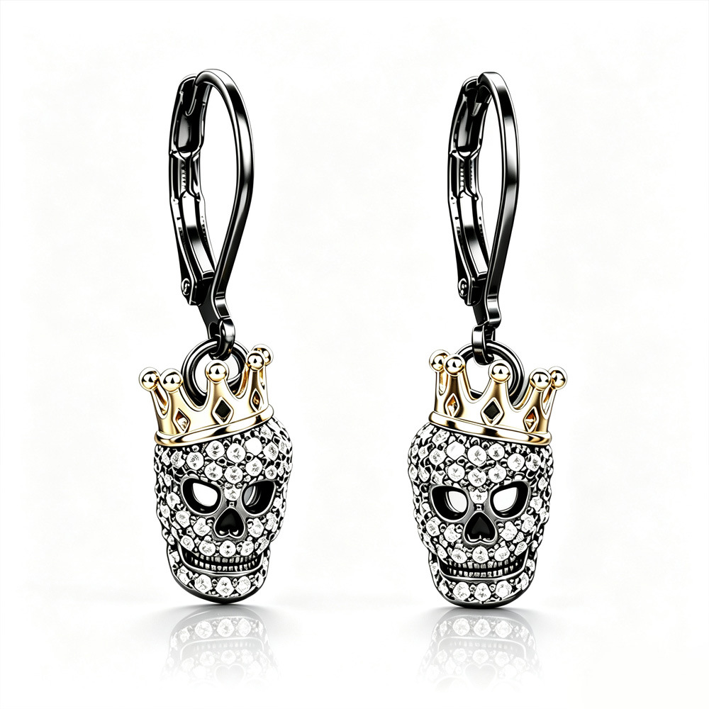 Brass Lever Back Earring, Skull, plated, Halloween Design & for woman & with rhinestone, more colors for choice, 13x29mm, Sold By Pair