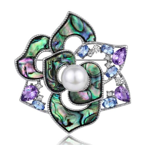 Tibetan Style Brooch, with Abalone Shell & Plastic Pearl, Rose, platinum color plated, for woman & with rhinestone, 44x45mm, Sold By PC
