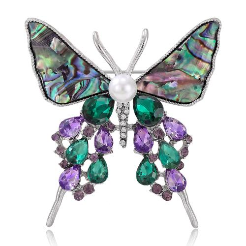 Tibetan Style Brooch, with Abalone Shell & Plastic Pearl, Butterfly, platinum color plated, for woman & with rhinestone, 41x44mm, Sold By PC