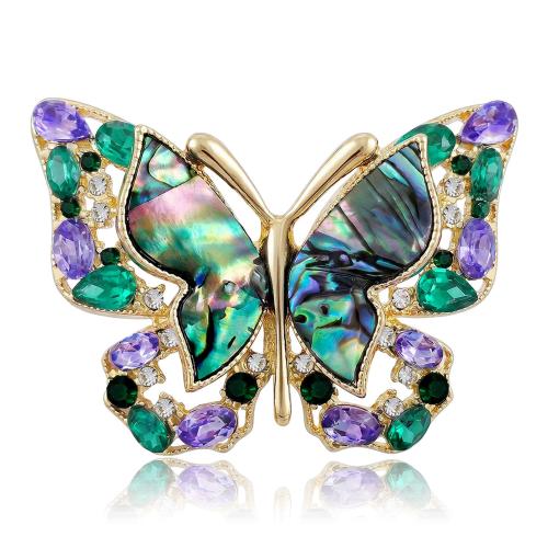 Tibetan Style Brooch, with Abalone Shell, Butterfly, KC gold color plated, for woman & with rhinestone, 48x35mm, Sold By PC