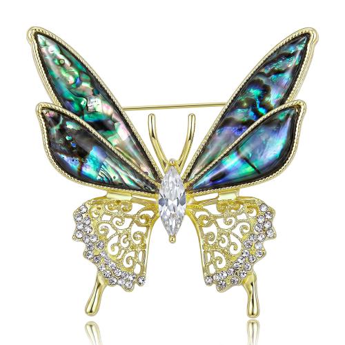 Tibetan Style Brooch, Butterfly, gold color plated, for woman & with rhinestone, 48x47mm, Sold By PC