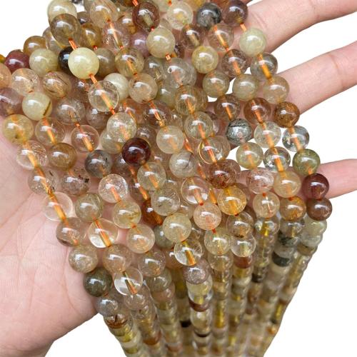 Natürlicher Quarz Perlen Schmuck, Rutilated Quarz, rund, DIY & verschiedene Größen vorhanden, Goldfarbe, verkauft per ca. 38 cm Strang