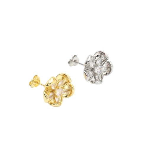 Brass Earring Stud Components, Flower, plated, DIY & micro pave cubic zirconia, more colors for choice, 16.40x14.60mm, Sold By Pair