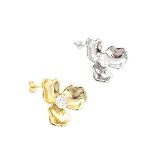 Brass Earring Stud Components, Flower, plated, DIY & micro pave cubic zirconia, more colors for choice, 17x22.20mm, Sold By Pair
