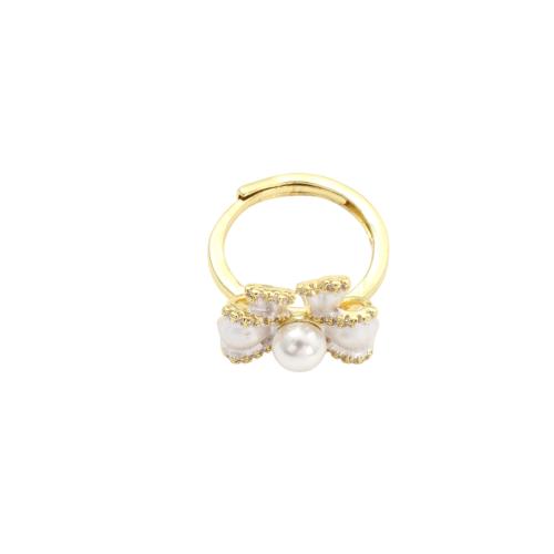 Messing Fingerring, mit Kunststoff Perlen, Schleife, goldfarben plattiert, Micro pave Zirkonia & für Frau, 25.70x20.20x14.80mm, Größe:6, verkauft von PC