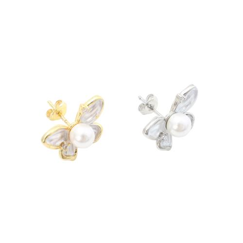 Brass Earring Stud Components, with Plastic Pearl, Butterfly, plated, DIY, more colors for choice, 19.20x18.80x13.18mm, Sold By Pair