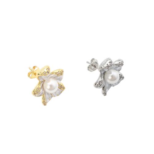 Brass Earring Stud Components, with Plastic Pearl, Flower, plated, DIY, more colors for choice, 18.60x16.10x15.60mm, Sold By Pair