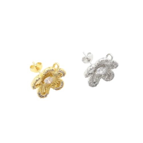Clou boucle d'oreille en laiton, fleur, Placage, DIY & pavé de micro zircon, plus de couleurs à choisir, 16x17.30x16.70mm, Vendu par paire