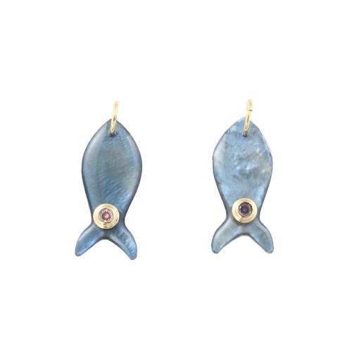 Colgantes de Nácar, metal, con Nácar, Pez, chapado en color dorado, Bricolaje & micro arcilla de zirconia cúbica, más colores para la opción, 25.10x11x2.80mm, Vendido por UD