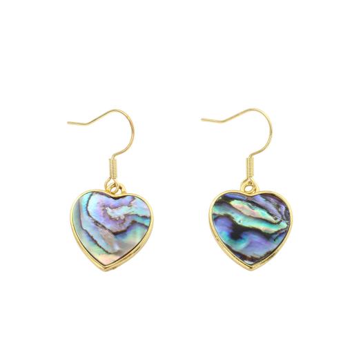Abalone Shell Drop Earring, with Brass, Heart, fashion jewelry & for woman, 34x17x2.30mm, Sold By Pair