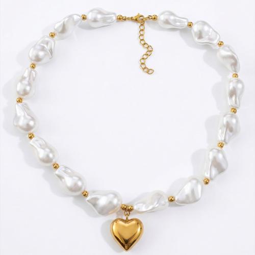 Resin Necklace, Stainless Steel, with Resin Pearl, gold color plated, fashion jewelry & for woman, white, Sold Per Approx 42 cm Strand