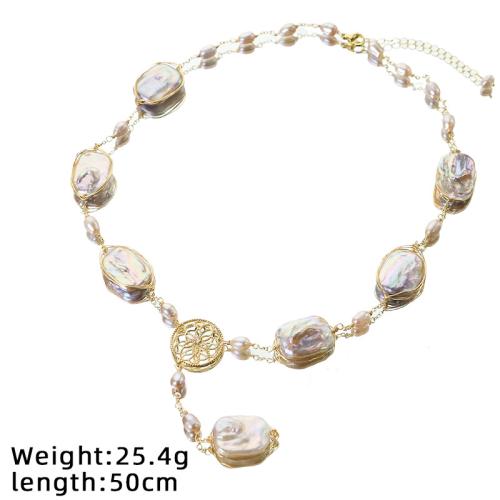 Brass Necklace, with Freshwater Pearl, Geometrical Pattern, gold color plated, fashion jewelry & for woman, Length:Approx 50 cm, Sold By PC
