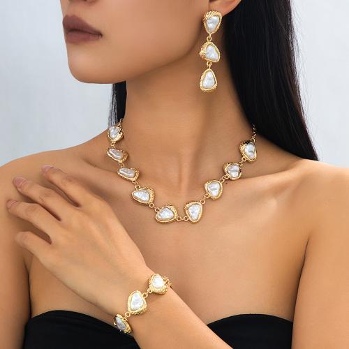 Tibetan Style Jewelry Set, bracelet & earring & necklace, with Plastic Pearl, Geometrical Pattern, gold color plated, vintage & three pieces & for woman, Sold By Set