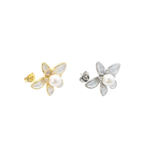 Brass Stud Earring, with Plastic Pearl, Flower, plated, micro pave cubic zirconia & for woman & enamel, more colors for choice, 19x20.20x17.50mm, Sold By Pair