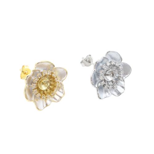Brass Earring Stud Components, Flower, plated, DIY & micro pave cubic zirconia & enamel, more colors for choice, 16.60x18.60x17.70mm, Sold By Pair