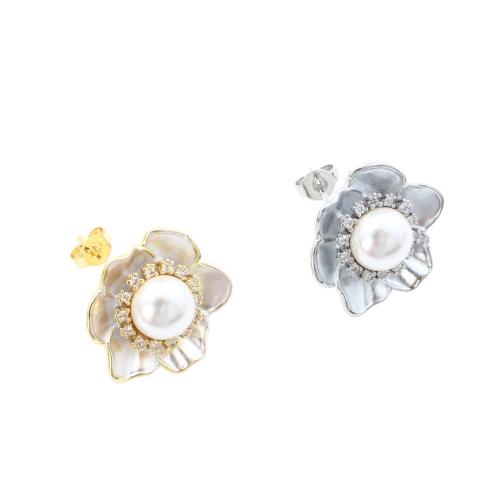 Brass Stud Earring, with Plastic Pearl, Flower, plated, micro pave cubic zirconia & for woman & enamel, more colors for choice, 20.30x18.60x17.70mm, Sold By Pair