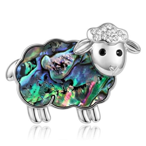 Tibetan Style Brooch, with Abalone Shell, Sheep, platinum color plated, for woman & with rhinestone, 41x31mm, Sold By PC