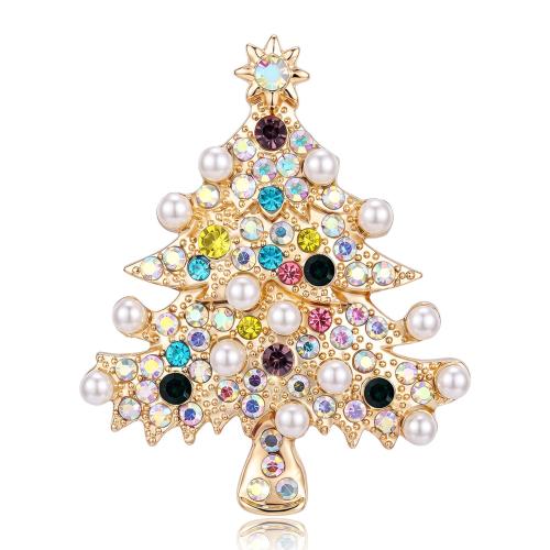 alliage de zinc broche, avec perle de plastique, arbre de noël, plaqué de couleur d'or KC, Conception de Noël & pour femme & avec strass, 41x49mm, Vendu par PC