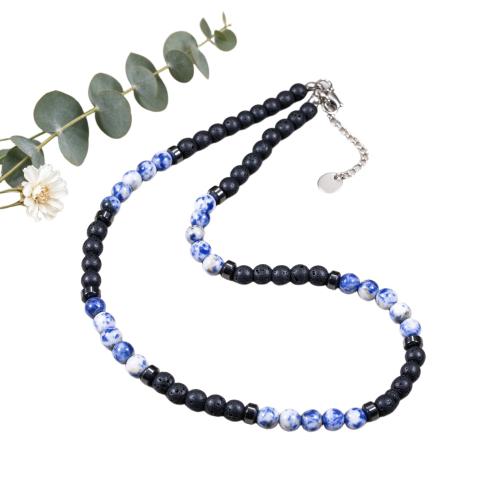 Pierre bleue de Speckle collier, avec lave volcanique, avec 5cm chaînes de rallonge, Rond, fait à la main, bijoux de mode & unisexe, beads size 6mm, Longueur:Environ 45 cm, Vendu par PC