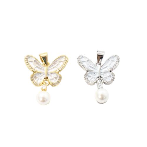 Befestigter Zirkonia Messing Anhänger, mit Kunststoff Perlen, Schmetterling, plattiert, DIY & Micro pave Zirkonia, keine, pendent size 14x18.6x4mm, pearl size 5.8mm, verkauft von PC